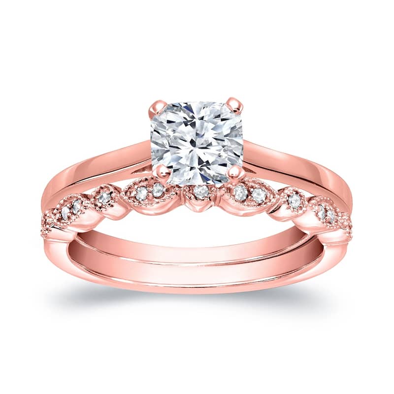 Auriya 14k Gold 7/8ctw Vintage Cushion-cut Solitaire Diamond Engagement Ring Set - 9.5 - Rose