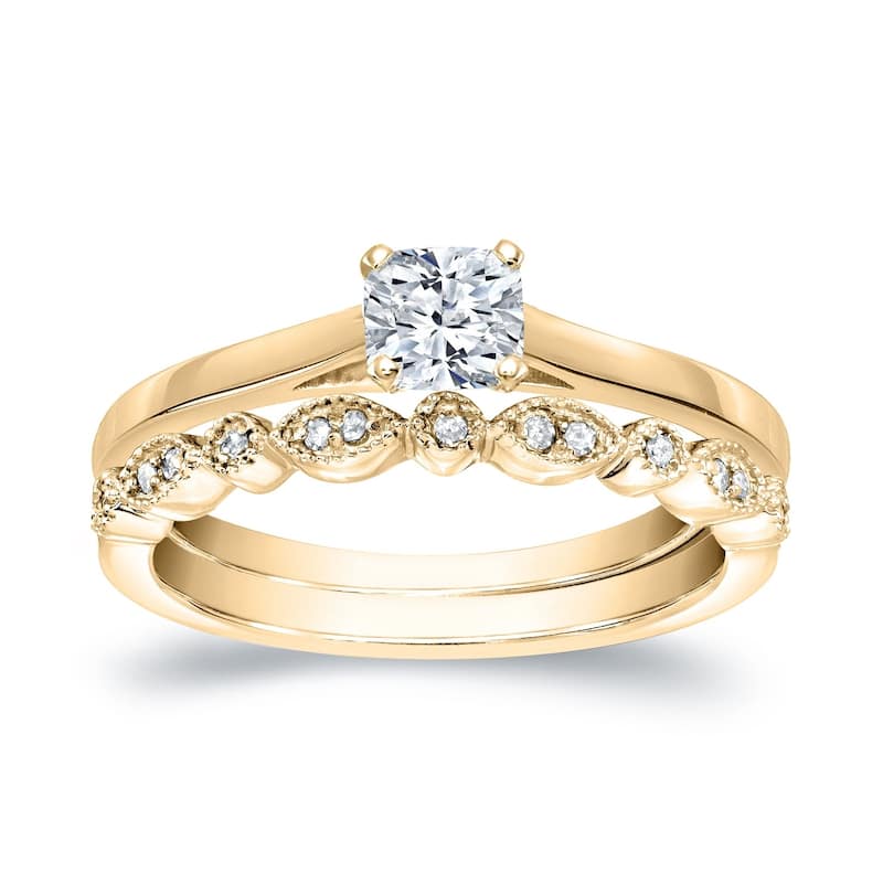 Auriya 14k Gold 1/2ctw Vintage Cushion-cut Solitaire Diamond Engagement Ring Set - 8.5 - Yellow