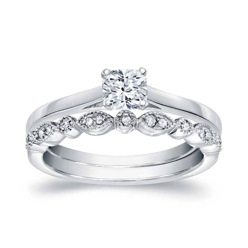 Auriya 14k Gold 1/2ctw Vintage Cushion-cut Solitaire Diamond Engagement Ring Set - 4 - White
