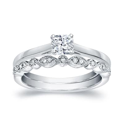 Auriya 14k Gold 1/2ctw Vintage Cushion-cut Solitaire Diamond Engagement Ring Set