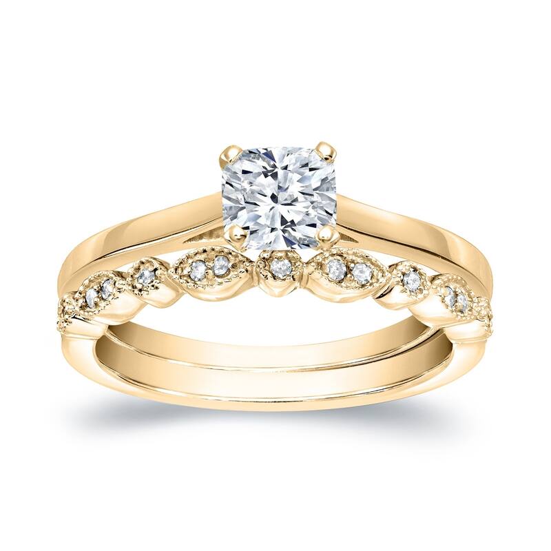 Auriya 14k Gold 2/3ctw Vintage Cushion-cut Solitaire Diamond Engagement Ring Set - 6 - Yellow