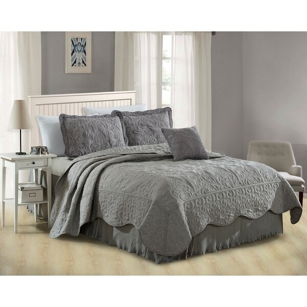 Serenta Damask 5 Piece Embroidery Coverlet Set with 18" Drop Pleated Bedskirt