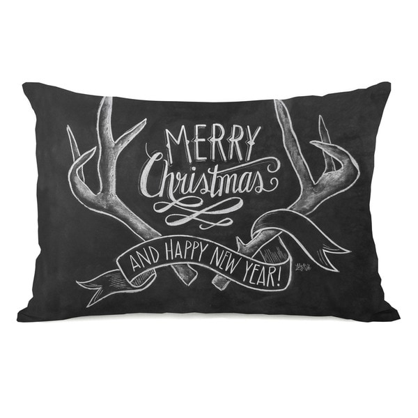Merry Christmas Antlers - Gray White 14x20 Throw Pillow by Lily & Val