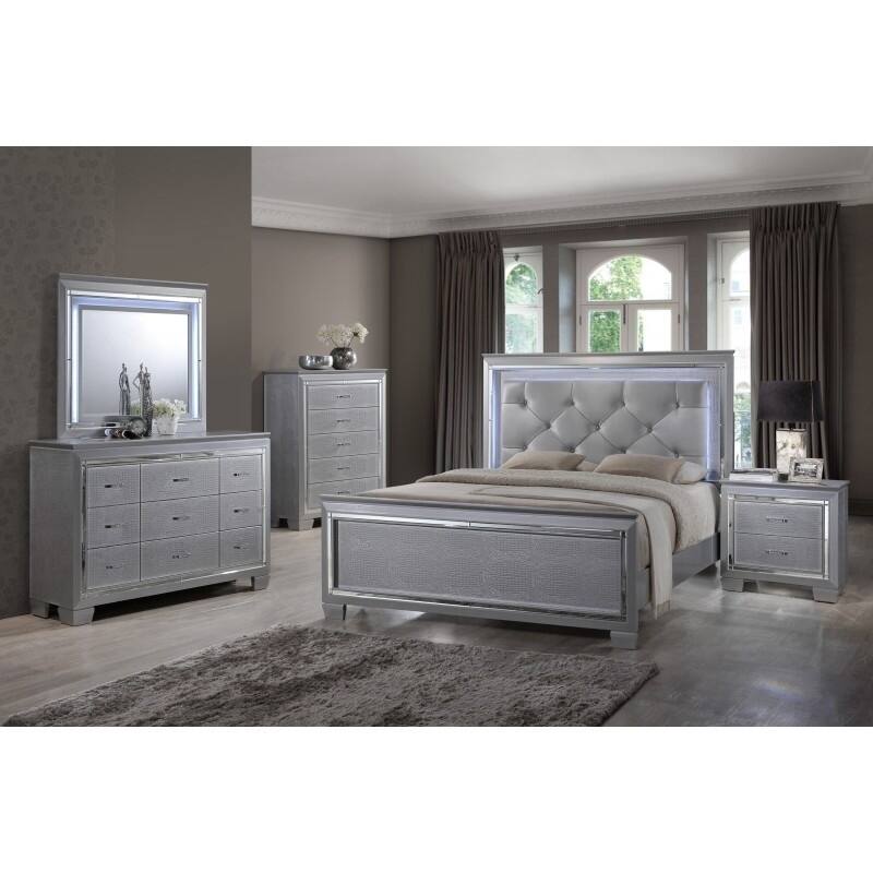 Best Quality Furniture Metallic Silver 4-piece Bedroom Set with LED Lights