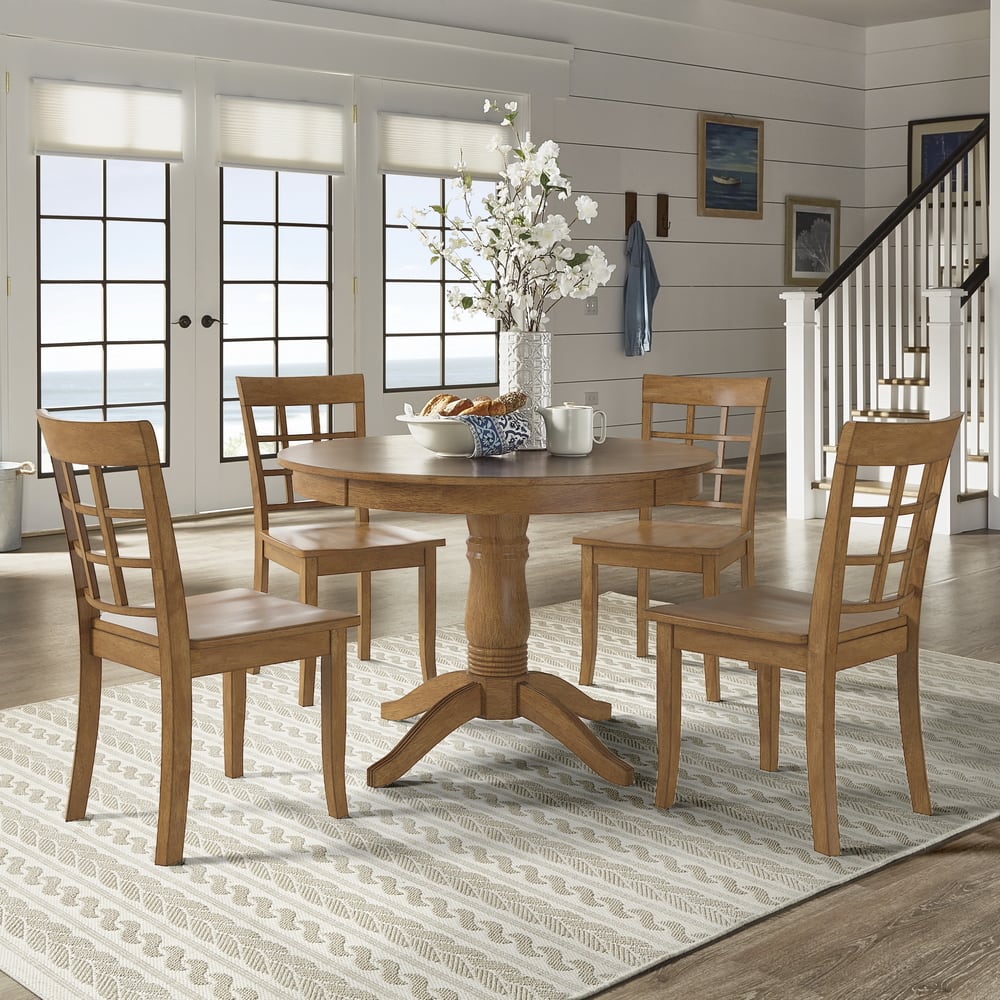 Wilmington II Round Pedestal Base Oak Finish 5-Piece Dining Set by iNSPIRE Q Classic