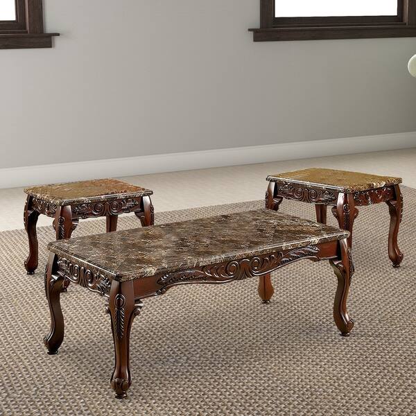 Shop Wooden Coffee Table And End Tables Set With Faux Marble Top Pack Of 3 Brown Overstock 18020562