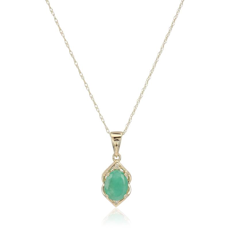10k Yellow Gold Emerald, Diamond Pendant Necklace, 18"+2" Extender - Green