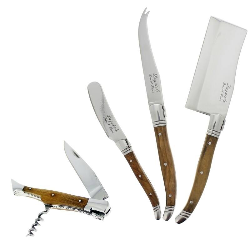 French Home 4 Piece Laguiole Connoisseur Olive Wood Cheese and Wine Set