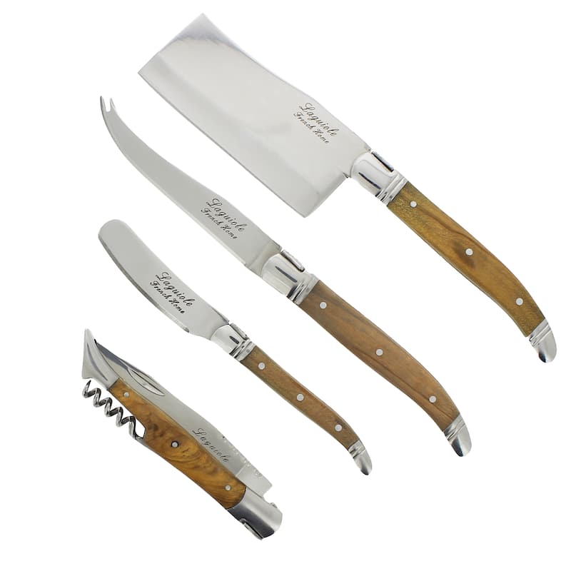 French Home 4 Piece Laguiole Connoisseur Olive Wood Cheese and Wine Set