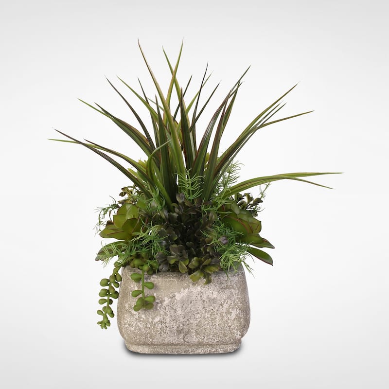 Silk Succulent Arrangement With Grass in a Stone Pot