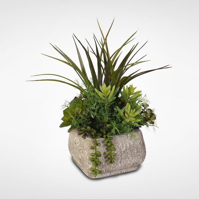 Silk Succulent Arrangement With Grass in a Stone Pot