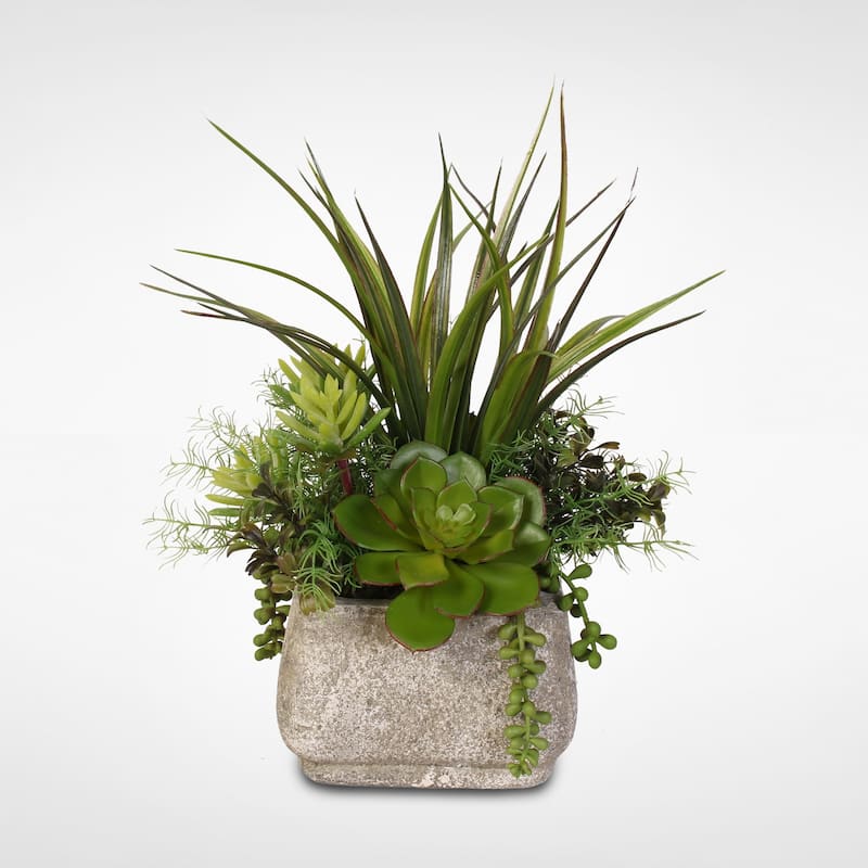 Silk Succulent Arrangement With Grass in a Stone Pot