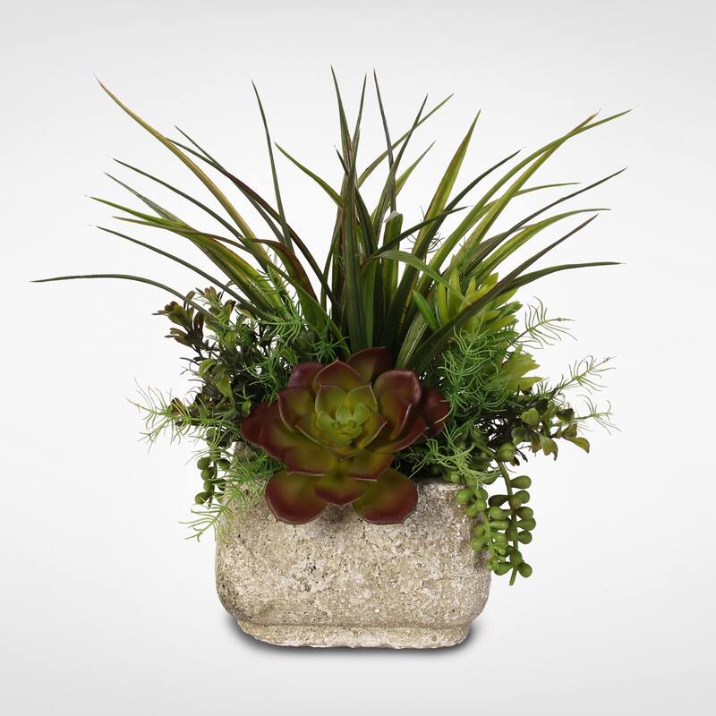 Silk Succulent Arrangement With Grass in a Stone Pot - Green