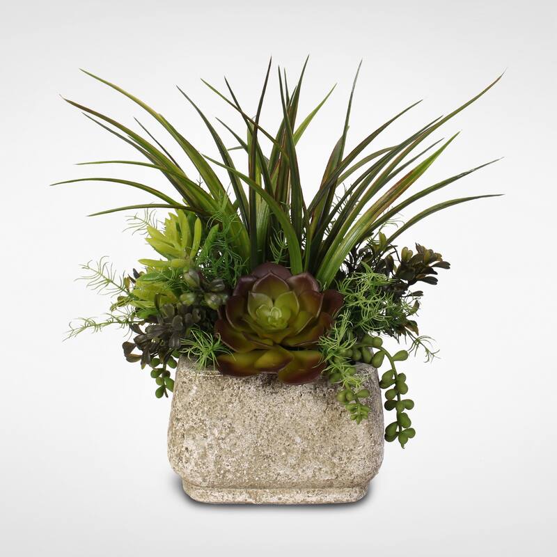 Silk Succulent Arrangement With Grass in a Stone Pot - Green