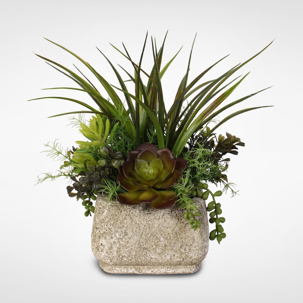 Silk Succulent Arrangement With Grass in a Stone Pot - Green
