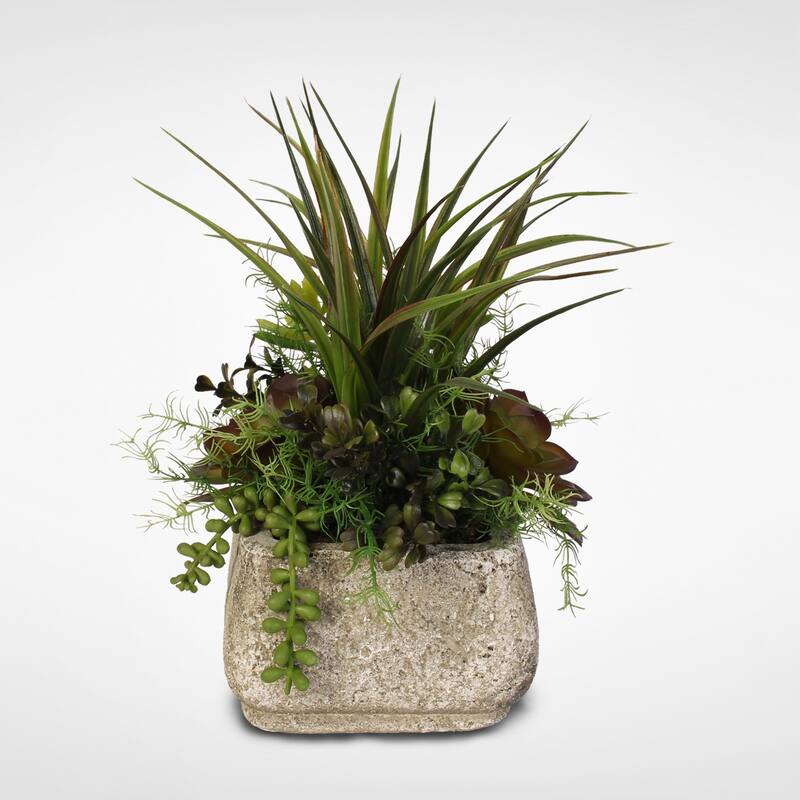 Silk Succulent Arrangement With Grass in a Stone Pot - Green