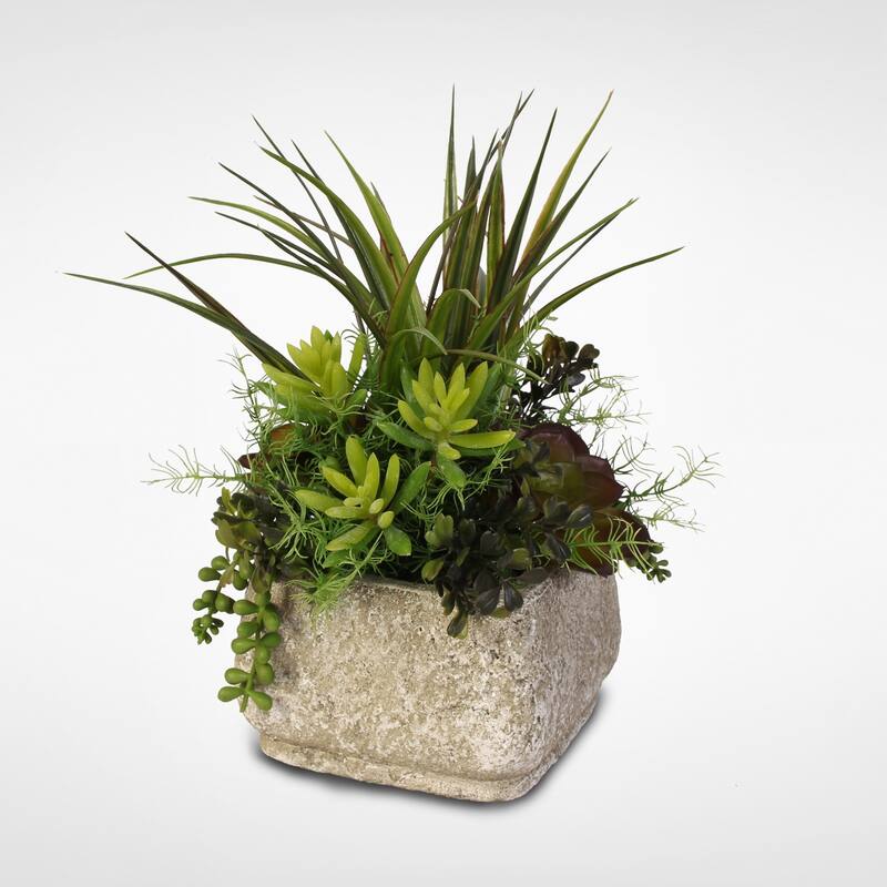 Silk Succulent Arrangement With Grass in a Stone Pot - Green