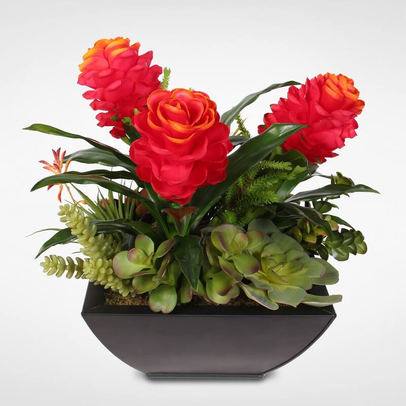 Silk Red Ginger & Succulents in a Modern Matte Finish Metal Planter