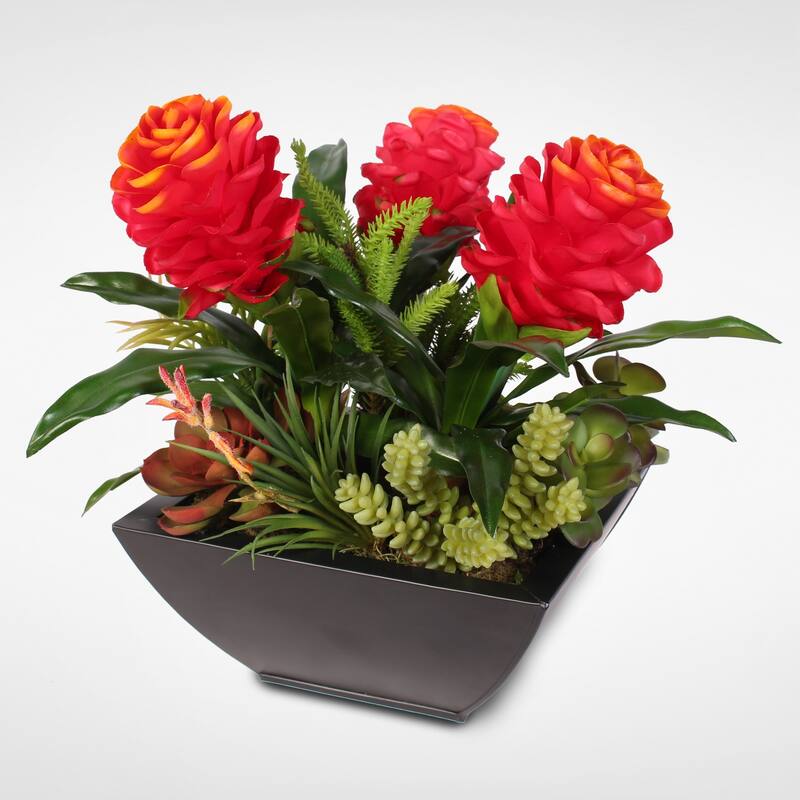 Silk Red Ginger & Succulents in a Modern Matte Finish Metal Planter
