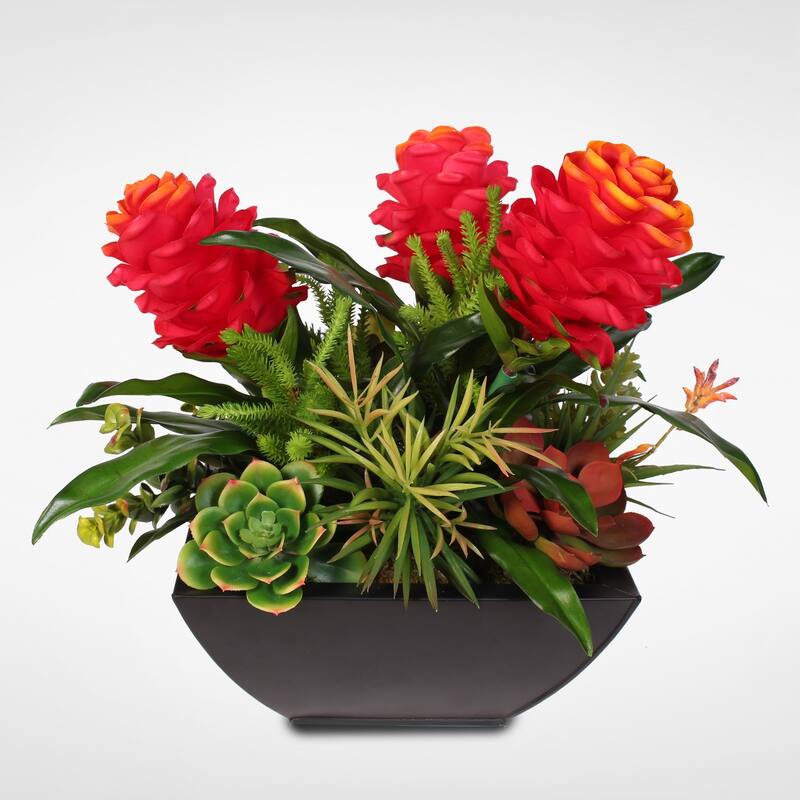 Silk Red Ginger & Succulents in a Modern Matte Finish Metal Planter