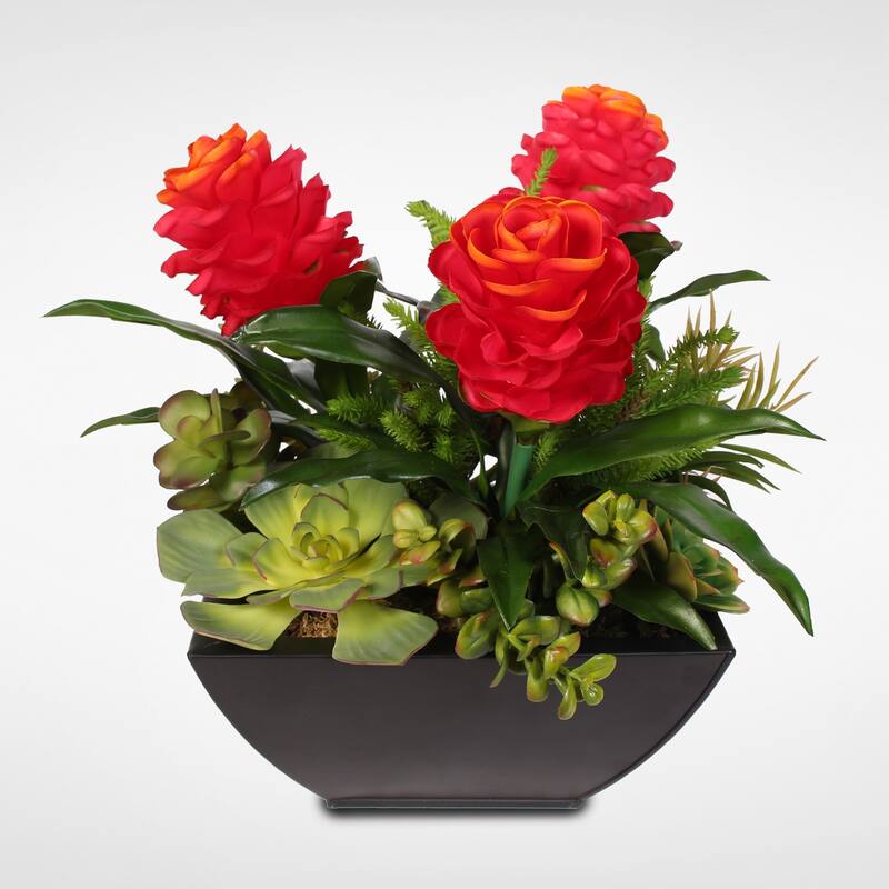Silk Red Ginger & Succulents in a Modern Matte Finish Metal Planter