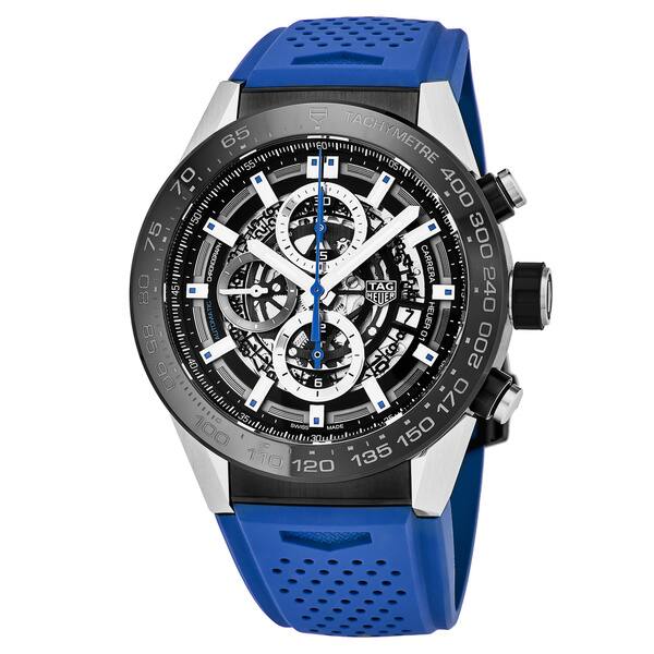 slide 1 of 3, Tag Heuer Men's 'Carrera' Black Skeleton Dial Blue Rubber Strap Chronograph Swiss Automatic Watch