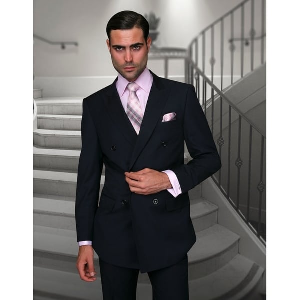 Statement TZD-100 Navy Double Breasted Suit - Overstock - 18025695