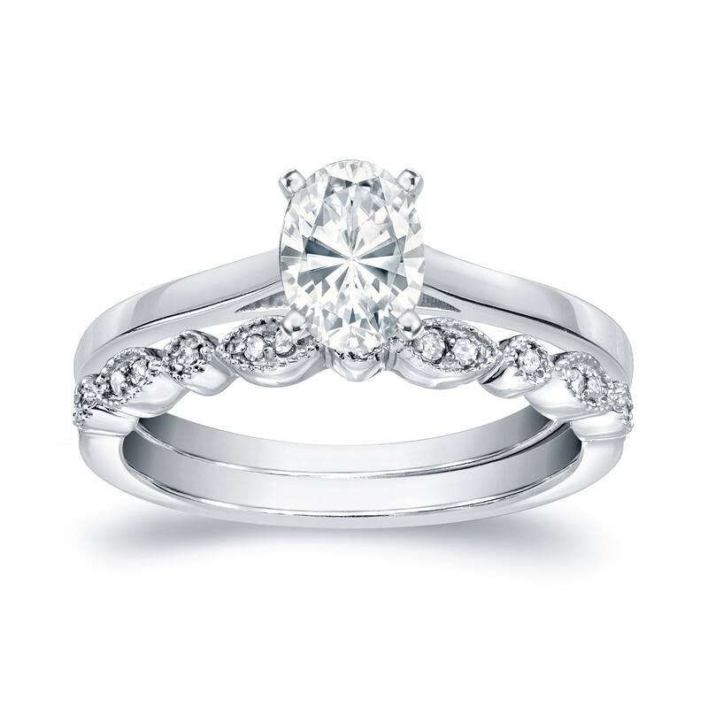 Auriya 14k Gold 7/8ctw Vintage Oval-cut Solitaire Diamond Engagement Ring Set - 6 - White