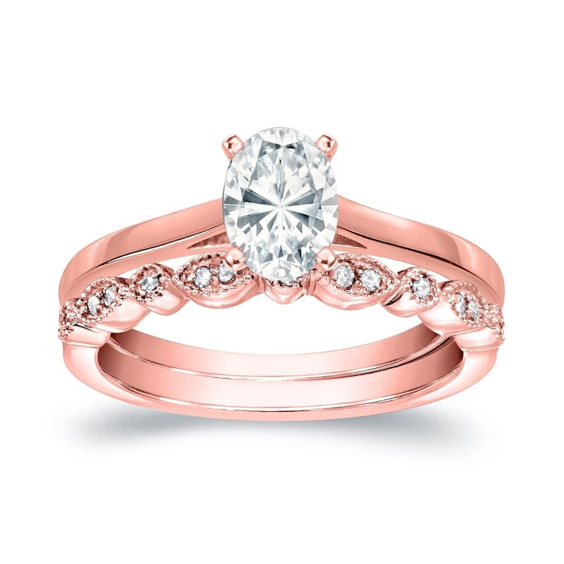 Auriya 14k Gold 7/8ctw Vintage Oval-cut Solitaire Diamond Engagement Ring Set - 6 - Rose