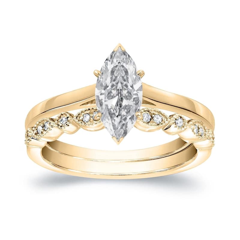 Auriya 14k Gold 1ctw Vintage Marquise Solitaire Diamond Engagement Ring Set - 6.5 - Yellow