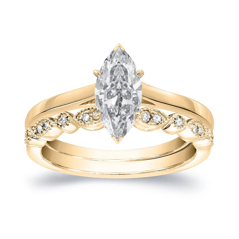 Auriya 14k Gold 1ctw Vintage Marquise Solitaire Diamond Engagement Ring Set - 9.5 - White