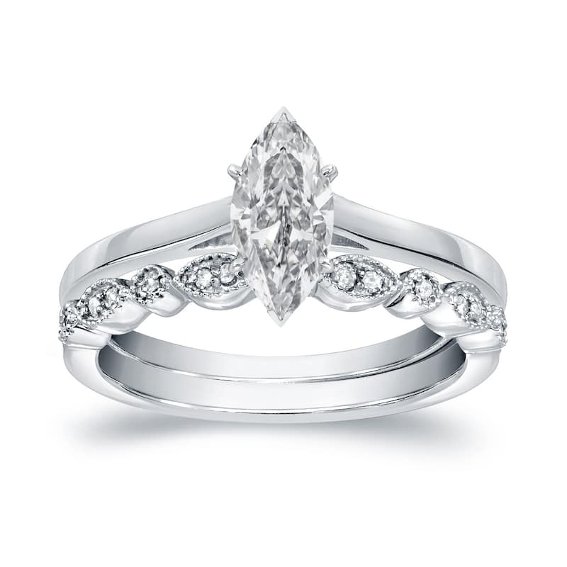 Auriya 14k Gold 2/3ctw Vintage Marquise Solitaire Diamond Engagement Ring Set - 7.5 - White