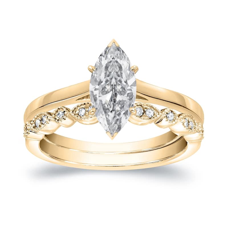 Auriya 1 1/6ctw Vintage Solitaire Marquise Diamond Engagement Ring Set 14k Gold - Yellow - 7.5