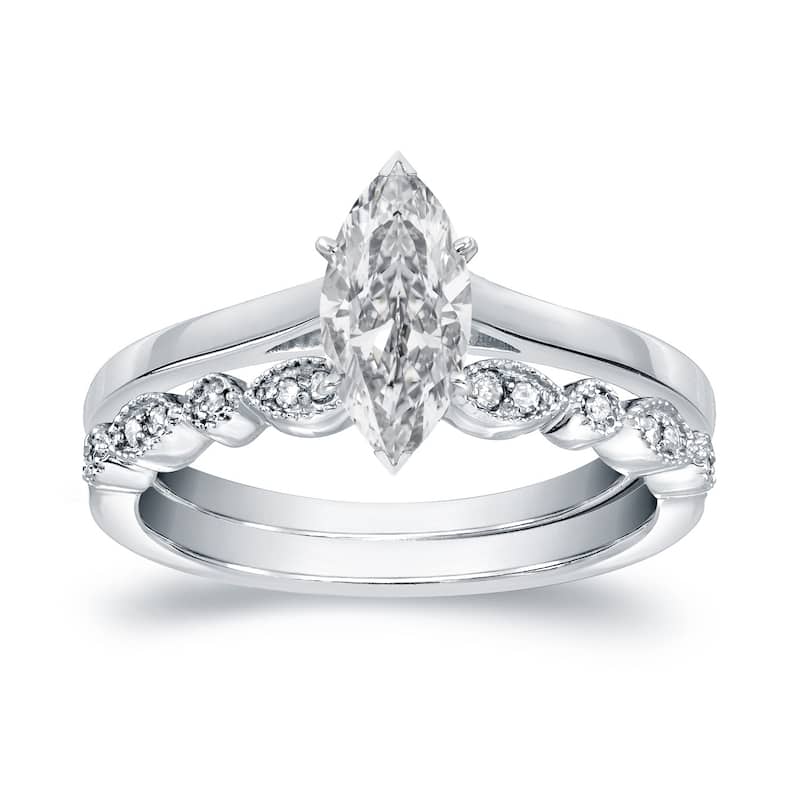 Auriya 14k Gold 3/4ctw Vintage Marquise Solitaire Diamond Engagement Ring Set - 6 - White