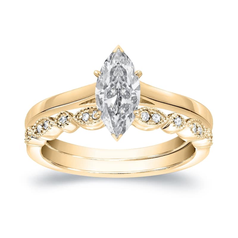 Auriya 14k Gold 3/4ctw Vintage Marquise Solitaire Diamond Engagement Ring Set - 5.5 - Yellow