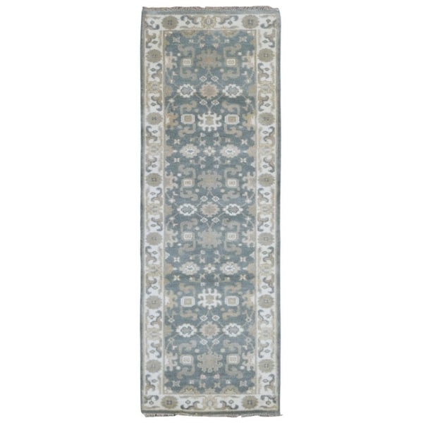 FineRugCollection Hand-knotted Oushak Light Blue and Beige Wool Runner - 2'8 x 7'10