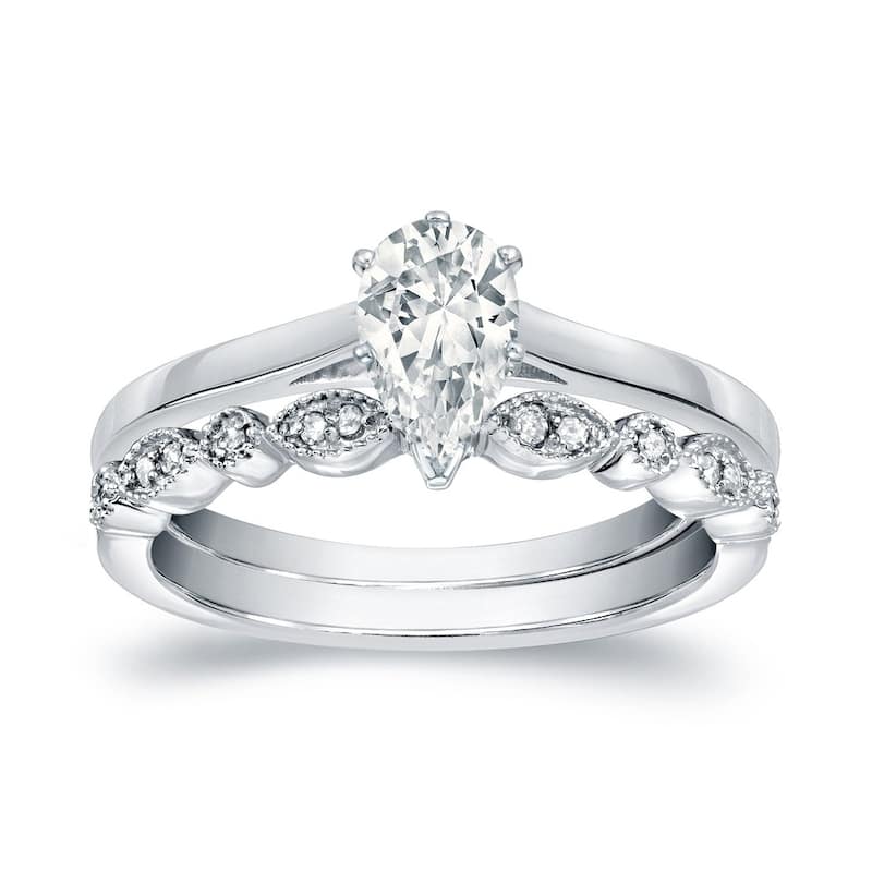 Auriya 14k Gold 1/2ctw Vintage Pear Shape Solitaire Diamond Engagement Ring Set