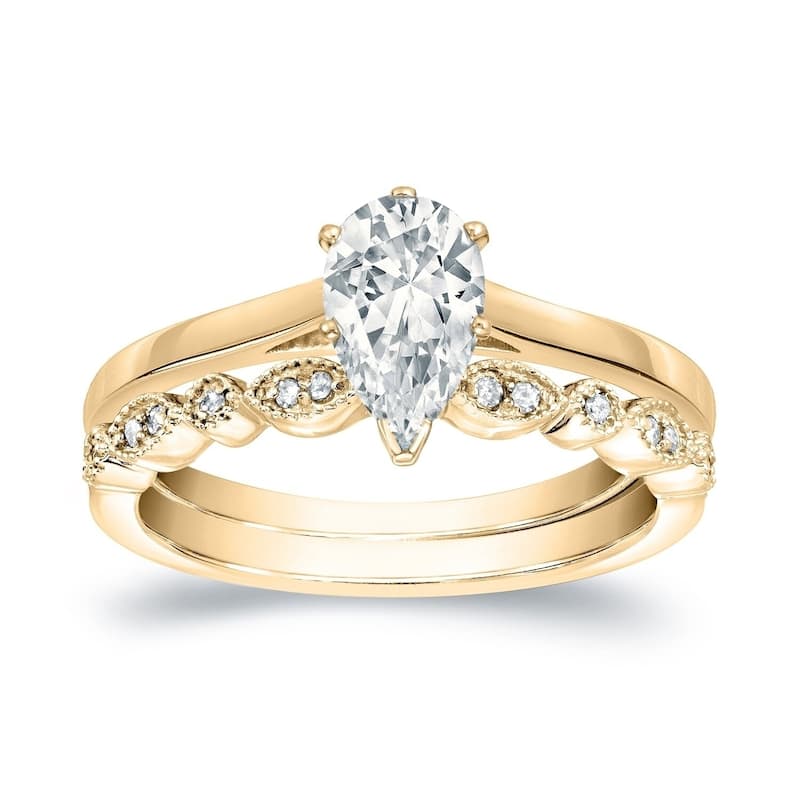 Auriya 14k Gold 2/3ctw Vintage Pear Shape Solitaire Diamond Engagement Ring Set - Yellow - 9
