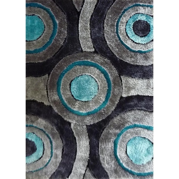 Hand Tufted Grey with Blue Area Rug with Geometric Pattern - 5' x 7'