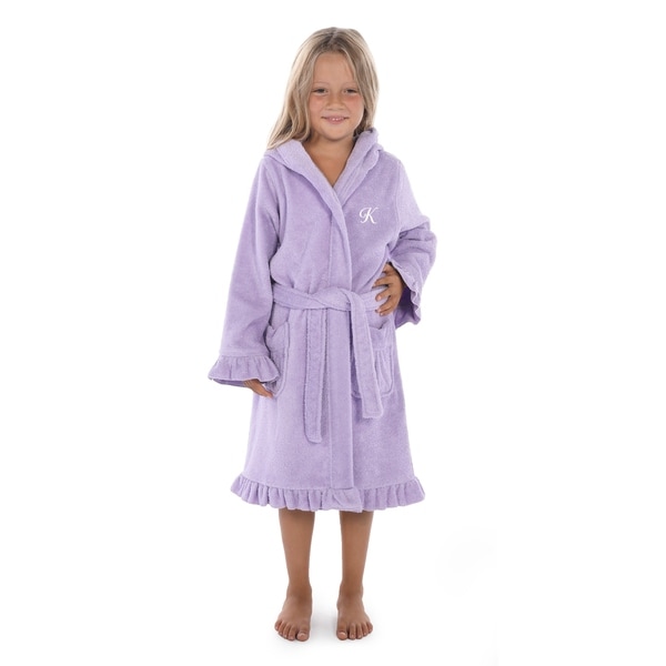 Sweet Kids Ruffled Purple Turkish Cotton Hooded Terry Bathrobe White Script Initial. Opens flyout.