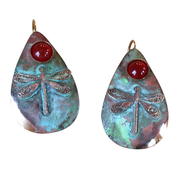 Handmade Verdigris Patina Teardrop Earrings - Carnelian (USA) - Red