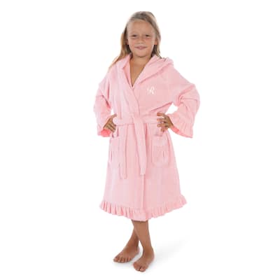 Sweet Kids Ruffled Pink Turkish Cotton Hooded Terry Bathrobe White Script Initial
