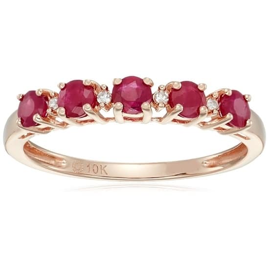 10k Rose Gold Genuine Burmese Ruby & Diamond Stackable Ring, Size 7