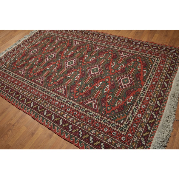 Southwestern Hand Woven Kilim Wool Foundation Oriental Area Rug - Green/Rust - 6'3" x 10'