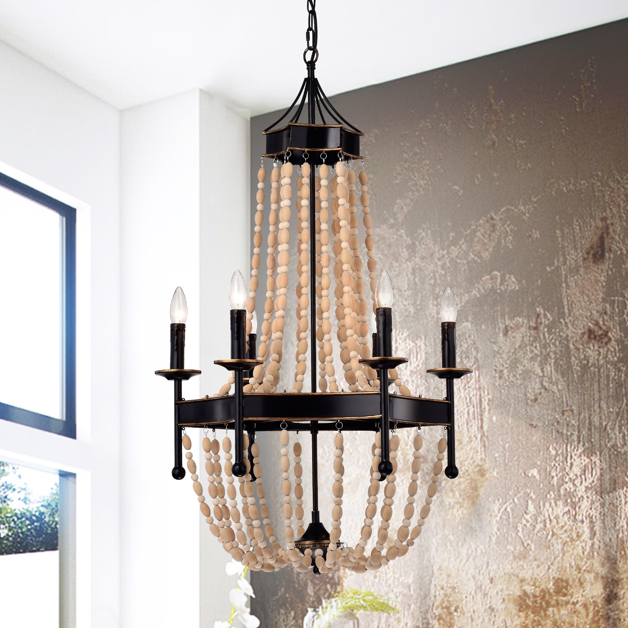 Drustan 6-Light 22-Inch Classic Vase Wood Pendant (6-Light 22-Inch Classic Vase Wood Pendant) - Chandeliers For Bedrooms by Overstock.com