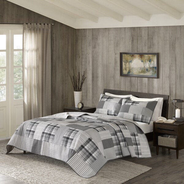 BEAUTIFUL BLUE GREY OVERSIZED OCEAN BEACH STRIPE PLAID CABIN QUILT SET KING ~
