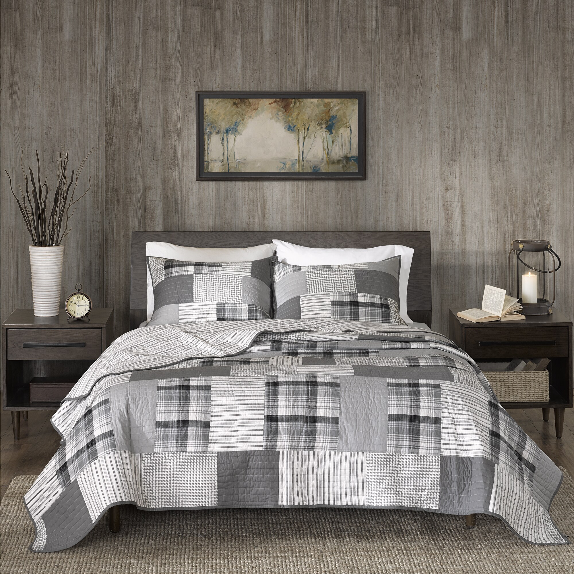 BEAUTIFUL BLUE GREY OVERSIZED OCEAN BEACH STRIPE PLAID CABIN QUILT SET KING ~