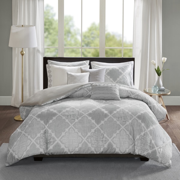 Madison Park Karyna Grey 8-piece Cotton Sateen Printed Duvet Cover Set