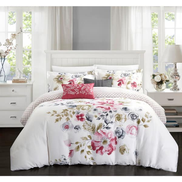 slide 1 of 7, Chic Home Aylett Rose Floral Cotton Reversible 5 Piece Comforter Set