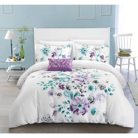 Chic Home Mitzy Lavender Floral Cotton Reversible 4 Piece Duvet Cover Set